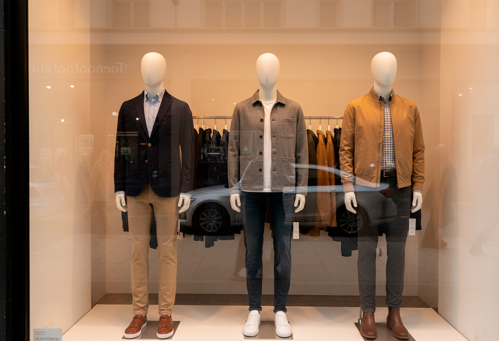 Male mannequins dressed in smart outfits displayed in shopping mall window