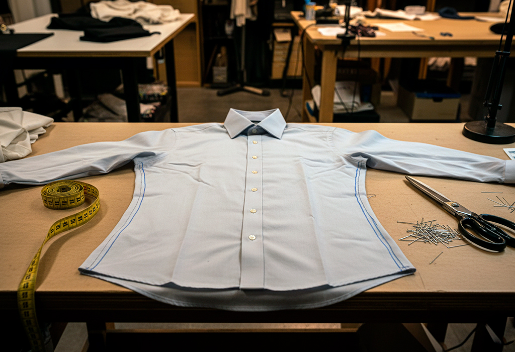 Dress shirt laid flat on tailor’s table with chalk lines and pins marking waist taper for broad-shouldered fit.