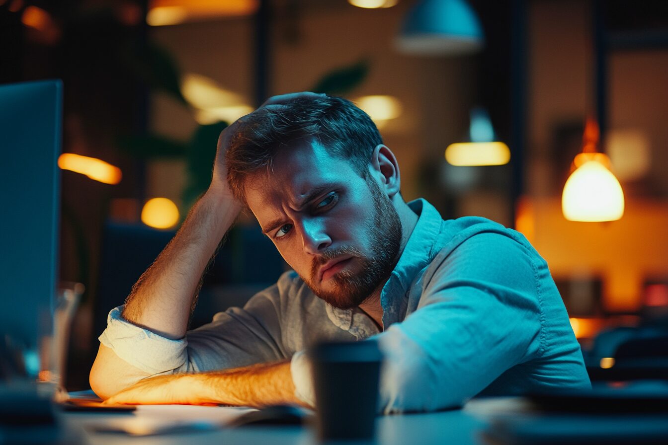 Man sitting at desk at night, stressed and uncertain.