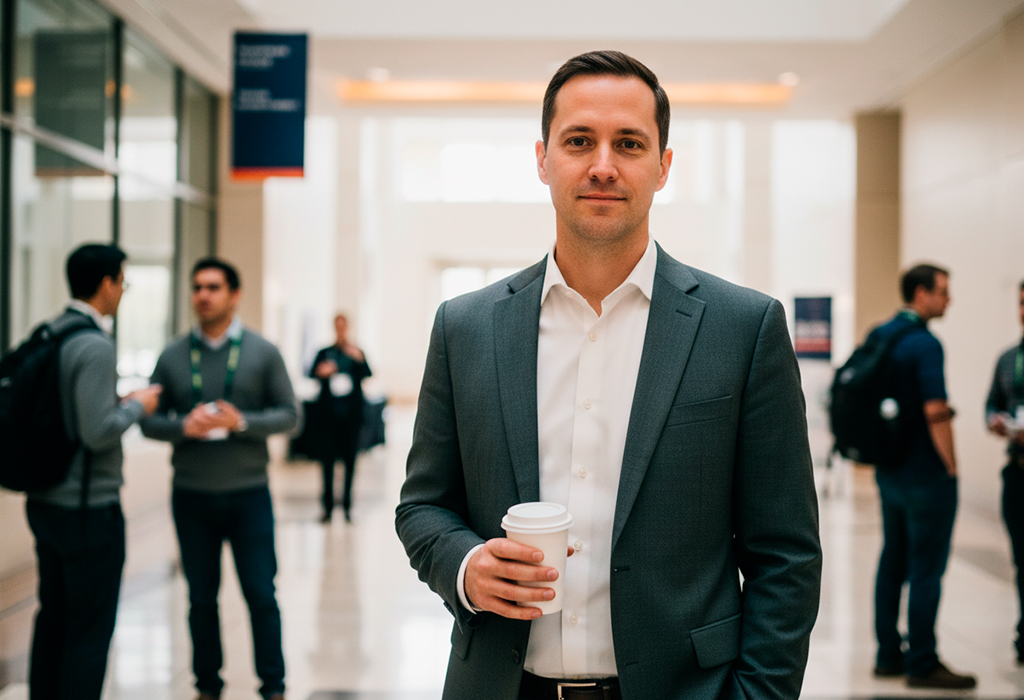 Confident man in tailored gray suit holding coffee at business conference