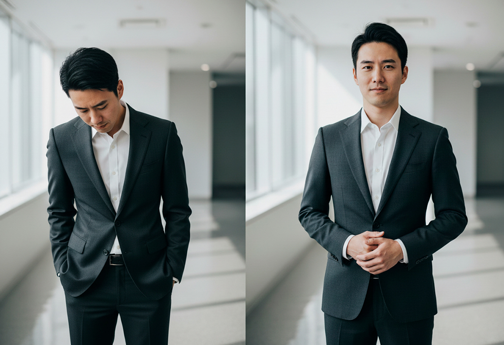 Side-by-side comparison of man slouching versus standing tall with confidence