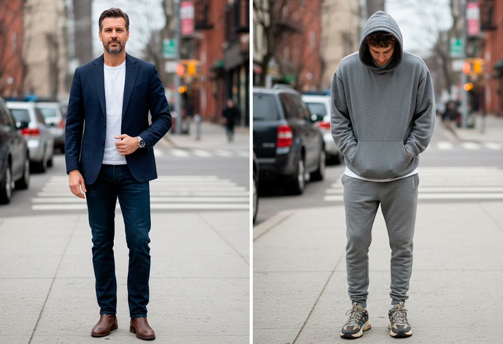 Man in tailored blazer standing upright confidently beside slouched hoodie figure