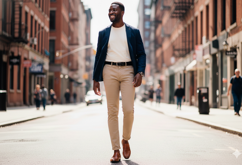 Stylish Black man with short torso wearing fitted navy jacket and chinos.