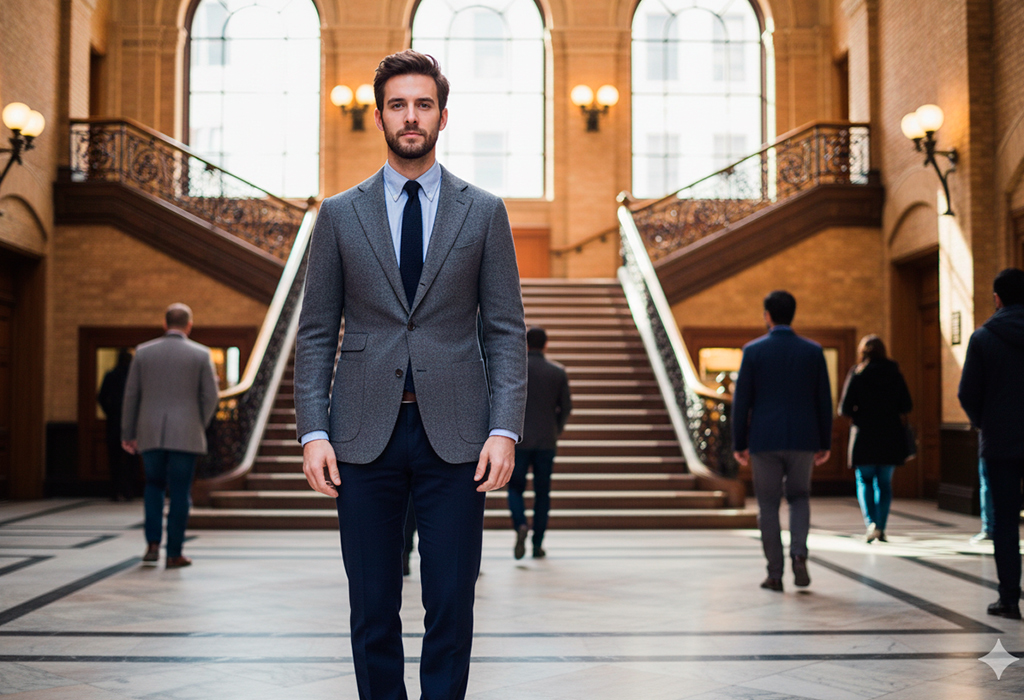 Man with short torso wearing shorter single-breasted jacket with low button stance
