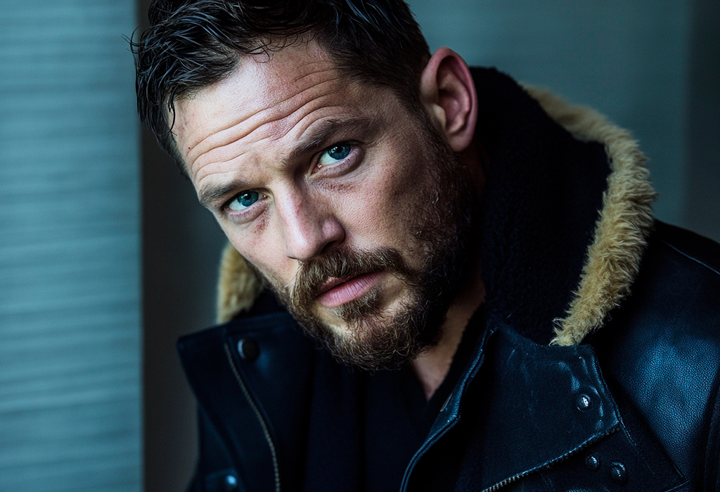 Tom Hardy in black shearling leather jacket showing rugged short torso styling example