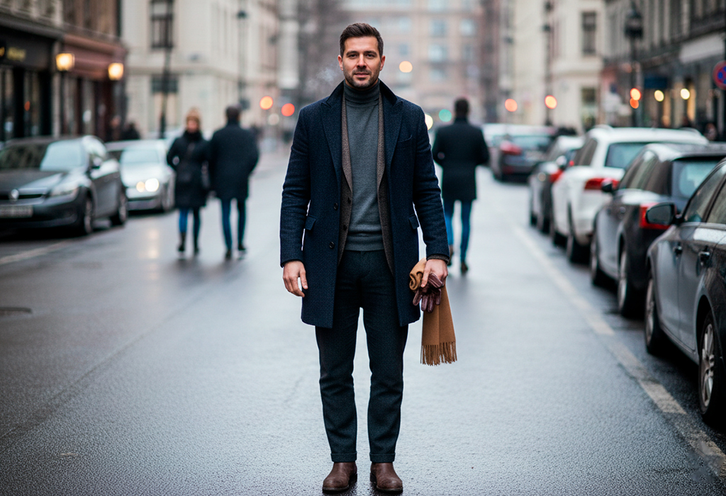 Man wearing wool overcoat and turtleneck confidently walking down winter city street