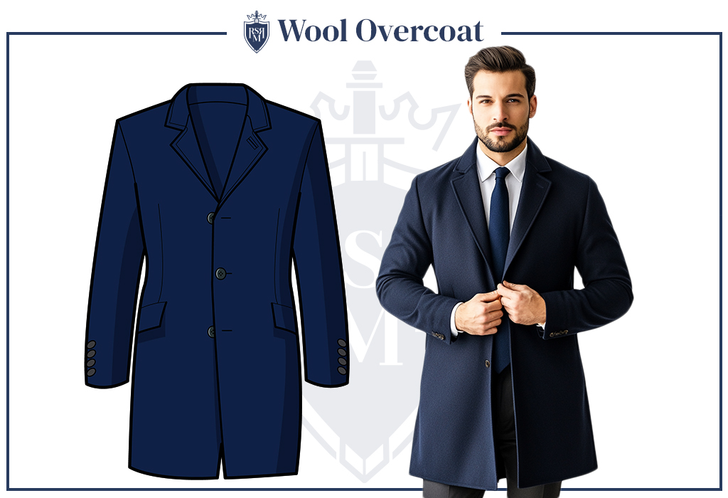 Infographic of a man wearing a navy wool overcoat layered over a suit — classic winter essential for sharp, warm style.