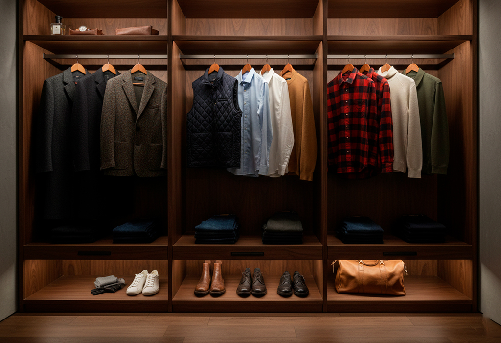luxury men’s wardrobe neatly displaying winter capsule essentials and leather boots