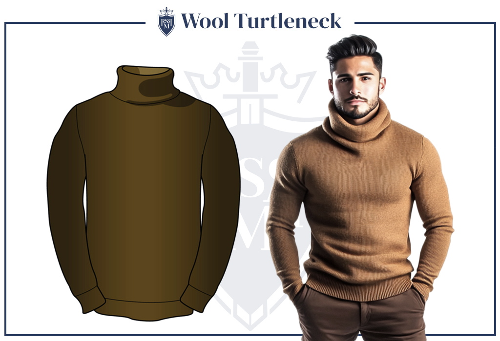 Infographic showing a man in a brown wool turtleneck sweater — versatile winter layer for smart casual look