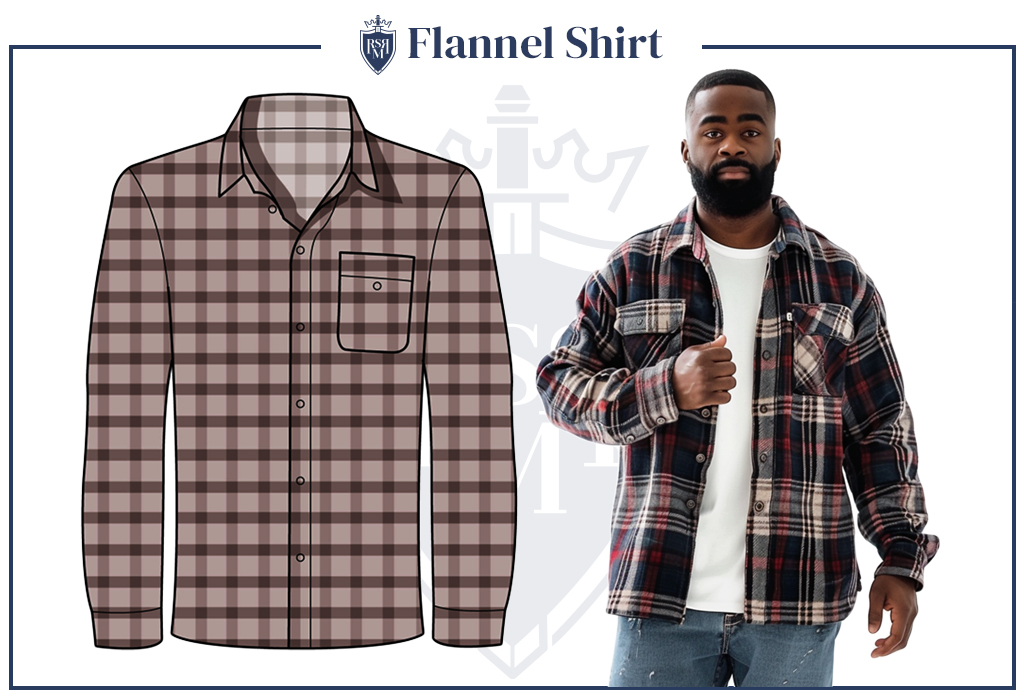 Infographic showing a man wearing a red and gray plaid flannel shirt — rugged winter staple that adds warmth and casual style to any outfit.