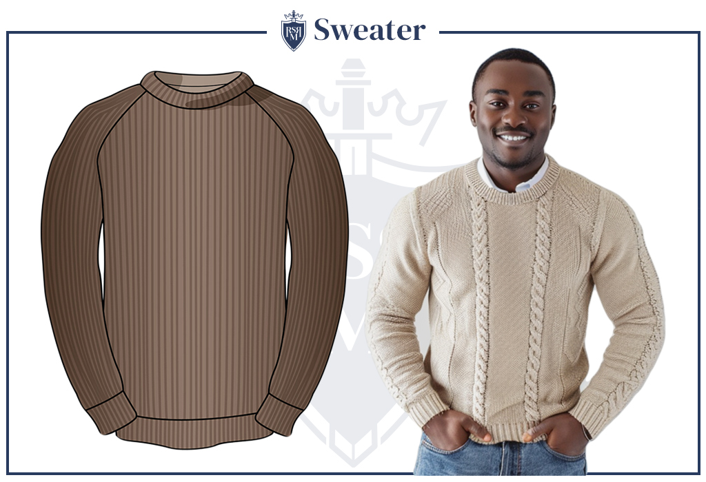 Infographic showing a man wearing a beige cable-knit sweater — cozy and versatile winter essential for layering and warmth.