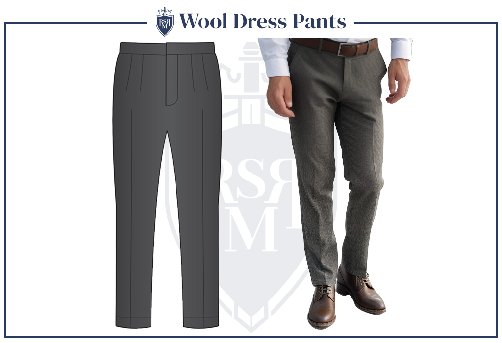 Infographic showing a man wearing gray wool dress pants with brown dress shoes — classic tailored piece for refined winter outfits.