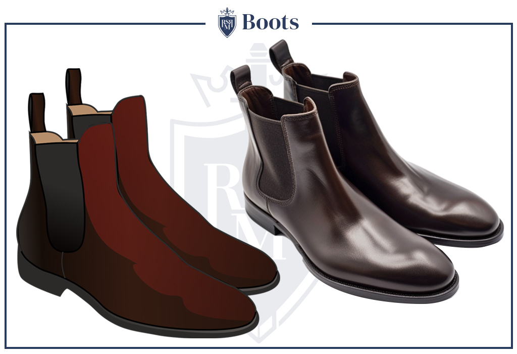 Infographic showing a pair of brown and dark leather Chelsea boots — essential winter footwear combining durability and timeless style.