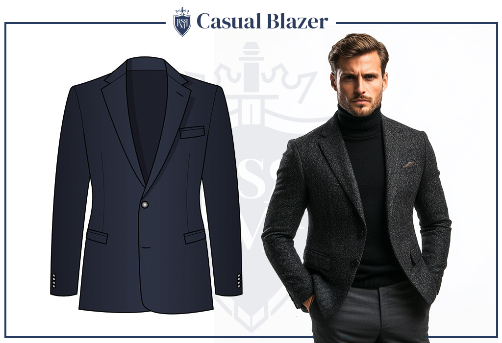 Infographic of a man in a textured gray casual blazer with a black turtleneck — refined layering piece for cold weather.