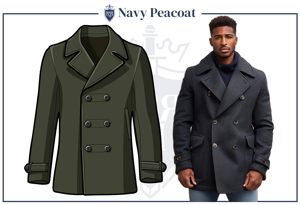 Illustration of navy peacoat beside man wearing double-breasted wool peacoat.