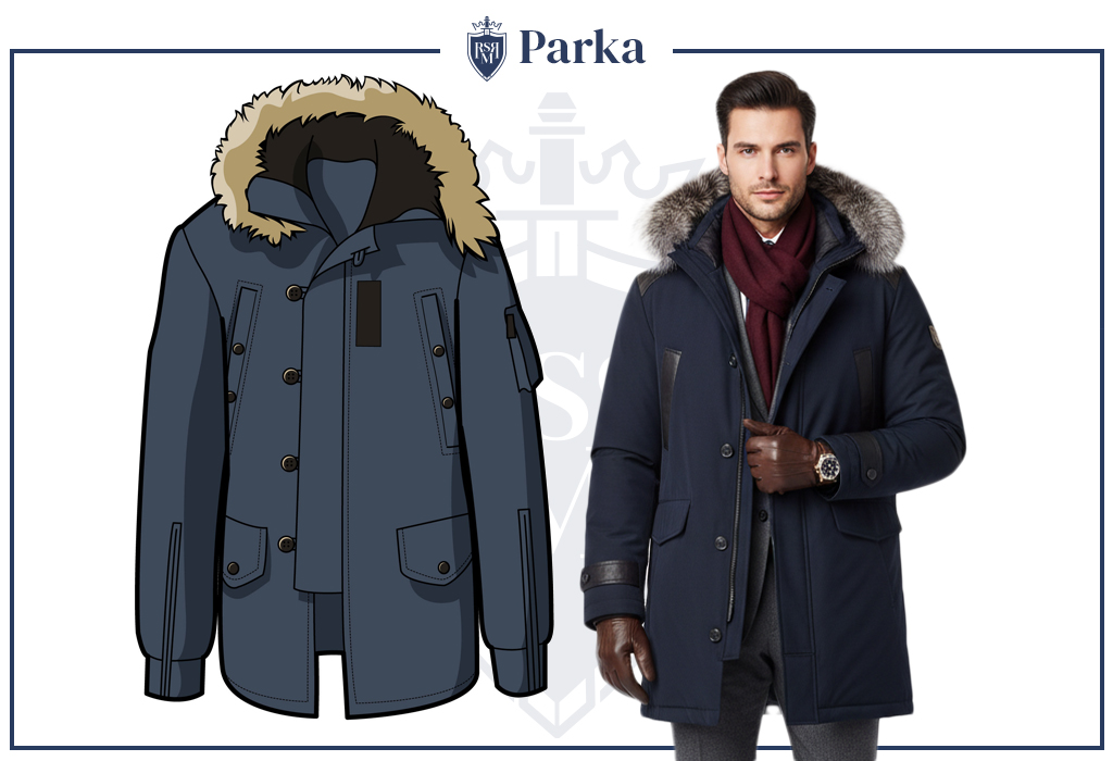 Navy parka coat illustration beside stylish man wearing fur-trim parka.