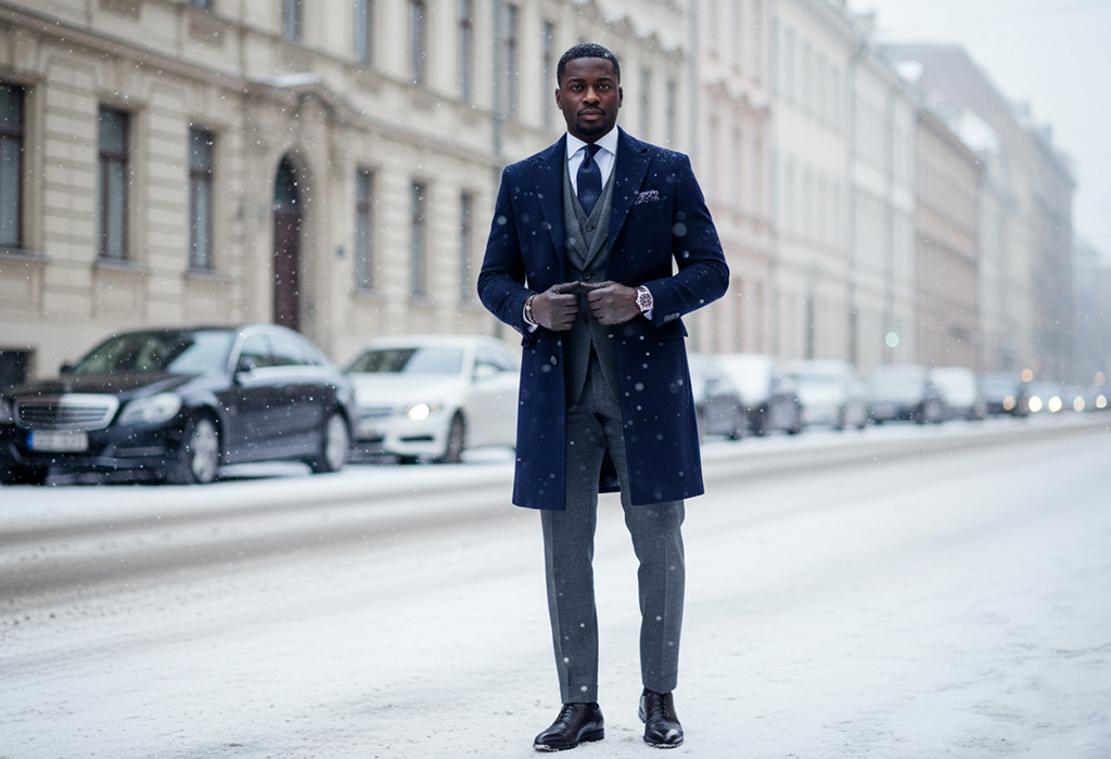 Man in navy overcoat and grey suit standing confidently on snowy street.