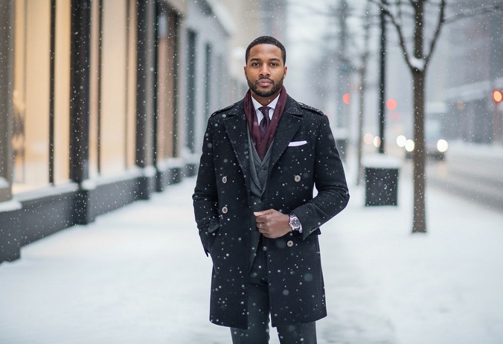 Man in black peacoat over suit and scarf standing in falling snow