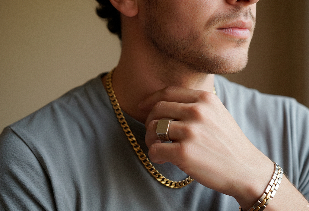 Man wearing gold chain, signet ring, and mixed-metal bracelet for balanced style.
