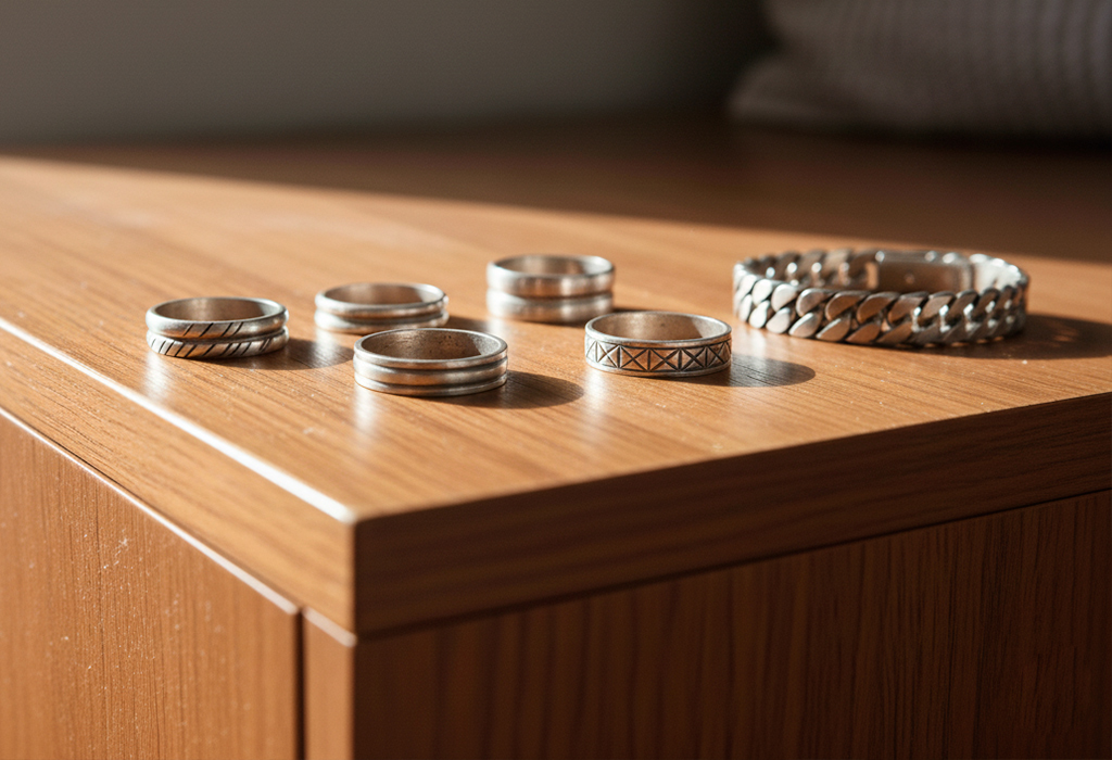 Silver rings and bracelet with matte finish displayed on wooden cabinet surface.