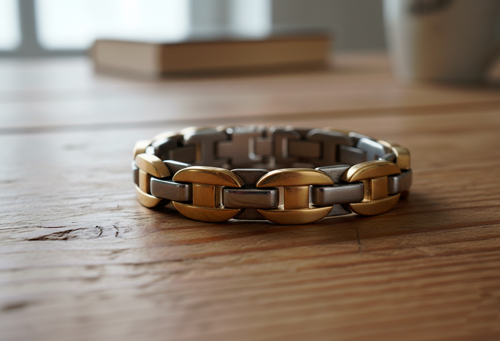 Close-up of gold and silver mixed-metal bracelet resting on wooden table surface