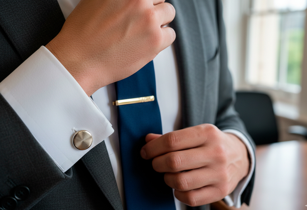Man wearing silver cufflinks and gold tie bar while adjusting formal suit.