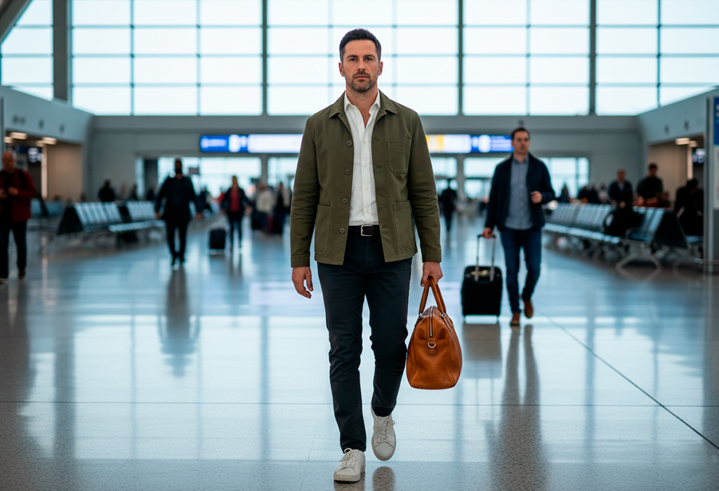 Well-dressed man walking through airport carrying leather weekender bag confidently
