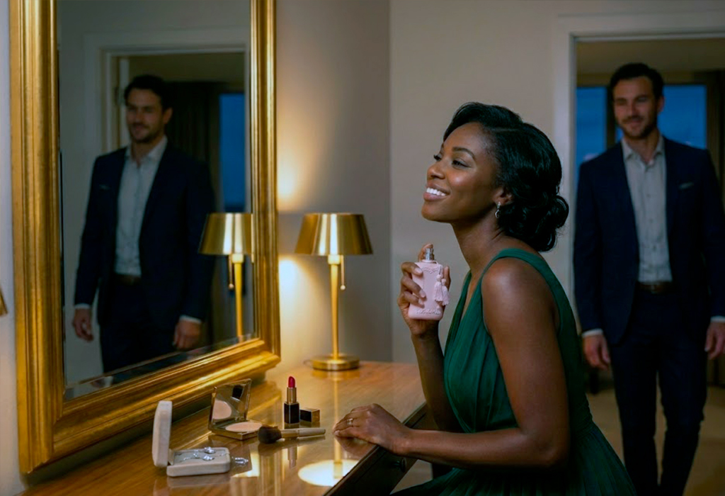 Black woman smiling in mirror while applying perfume, husband admiring her from background