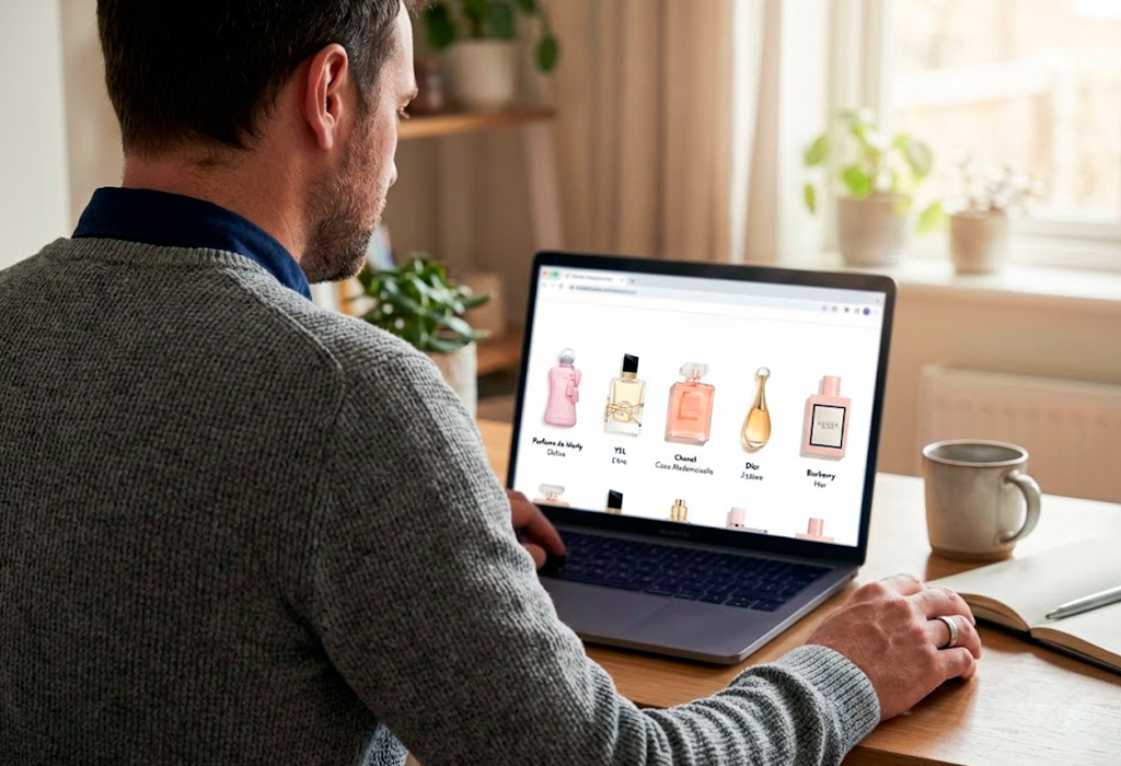 Man browsing women’s perfumes on laptop, comparing designer bottles in cozy home office