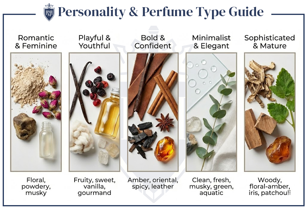 Infographic showing five perfume personalities from Romantic to Sophisticated with matching scent families