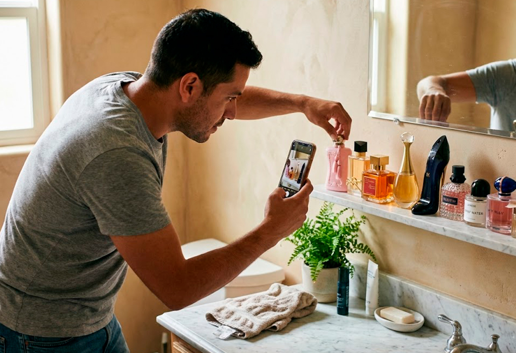 Man photographing woman’s perfume collection on bathroom shelf filled with designer bottles