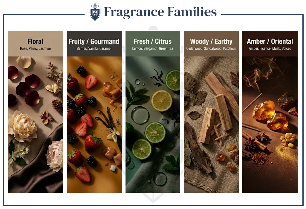 Infographic showing fragrance families: floral, fruity-gourmand, citrus-fresh, woody-earthy, and amber-oriental