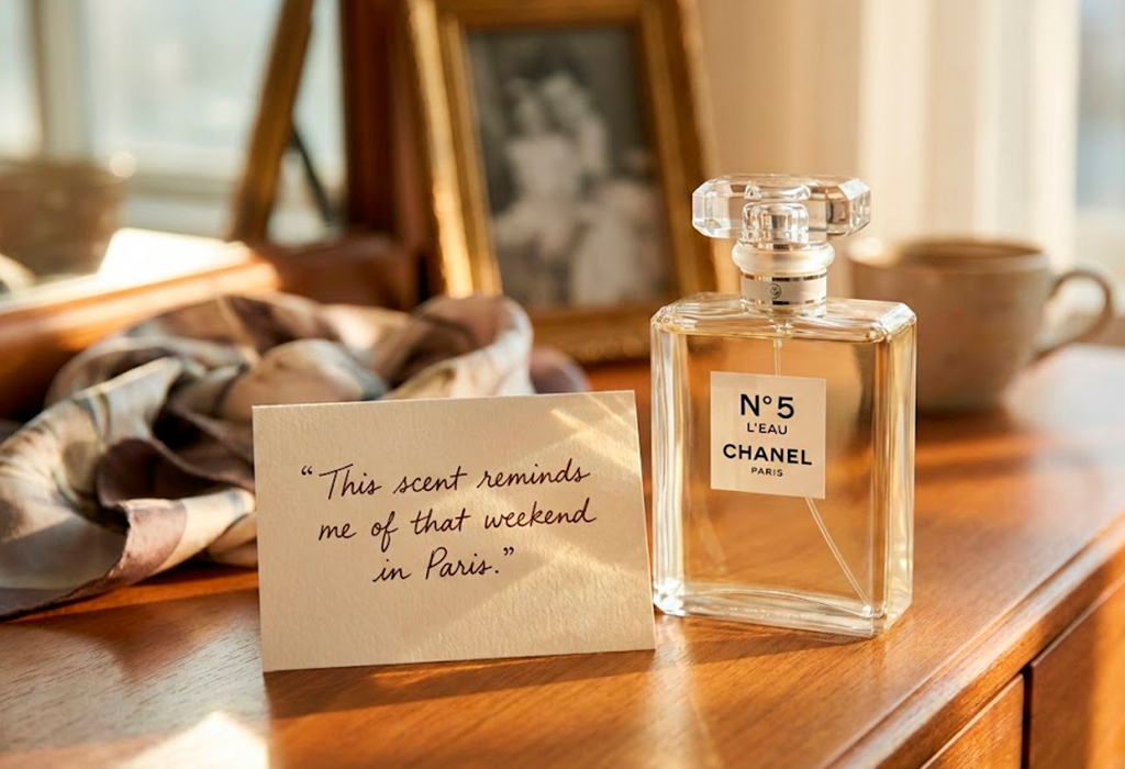 Chanel No.5 perfume bottle beside handwritten note reading “This scent reminds me of Paris.”