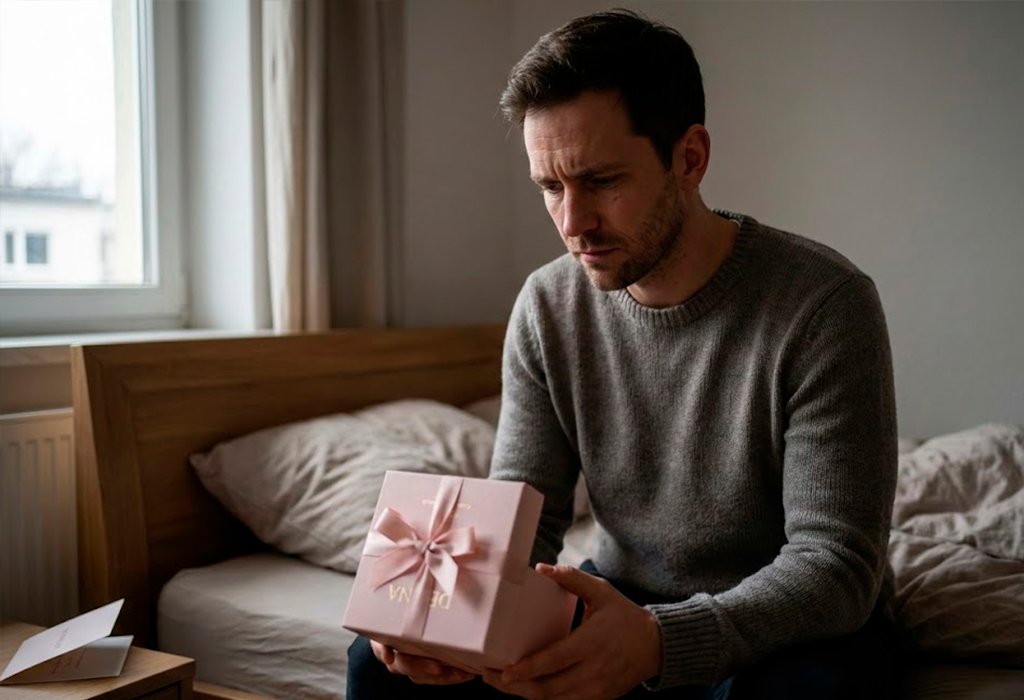 Man sitting on bed looking disappointed while holding a pink perfume gift box