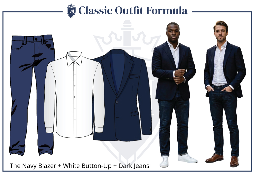Infographic and photo showing two men wearing navy blazers with white button-up shirts and dark jeans. This classic outfit formula demonstrates how to balance smart and casual style using versatile wardrobe staples. Includes illustrated outfit layout and real-life examples styled with white sneakers and brown dress shoes.