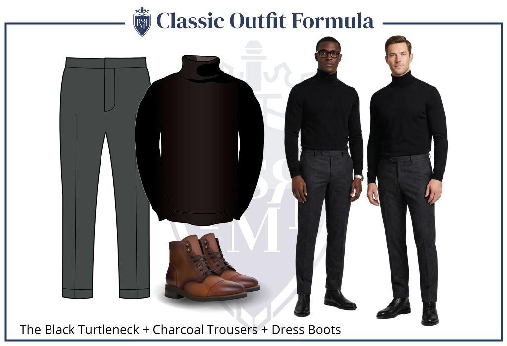 Infographic and photo showing two men in black turtlenecks, charcoal wool trousers, and leather dress boots. A minimalist and sophisticated style combo perfect for cool-weather dressing or evening occasions. Features outfit illustration and real-world examples for easy inspiration.