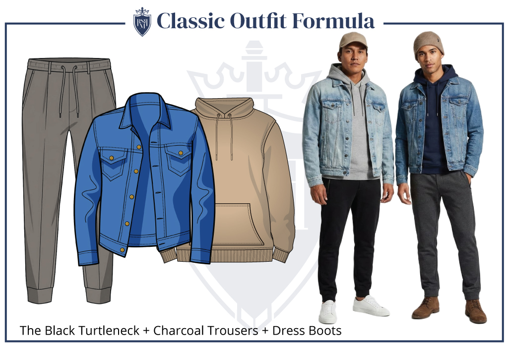 Infographic and photo featuring two men wearing light and mid-wash denim jackets layered over structured hoodies with tailored joggers. One styles it with white sneakers and a baseball cap, t