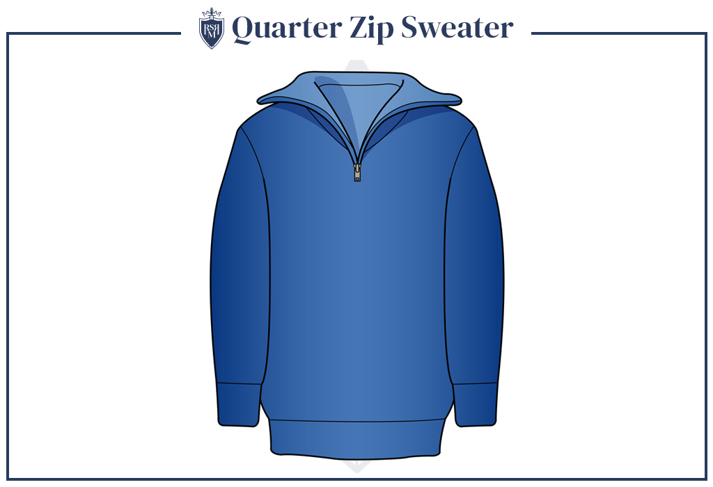 Clean illustration of classic blue quarter zip sweater highlighting collar and zipper design details.