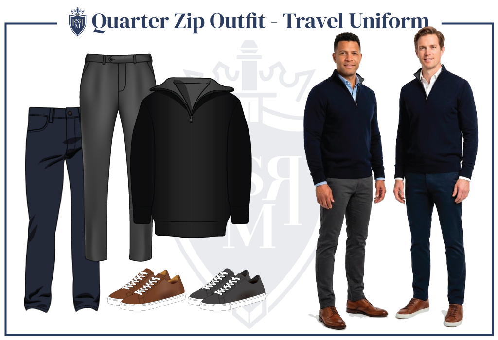 Men wearing navy quarter zips styled with chinos and sneakers for a sharp travel-ready look.