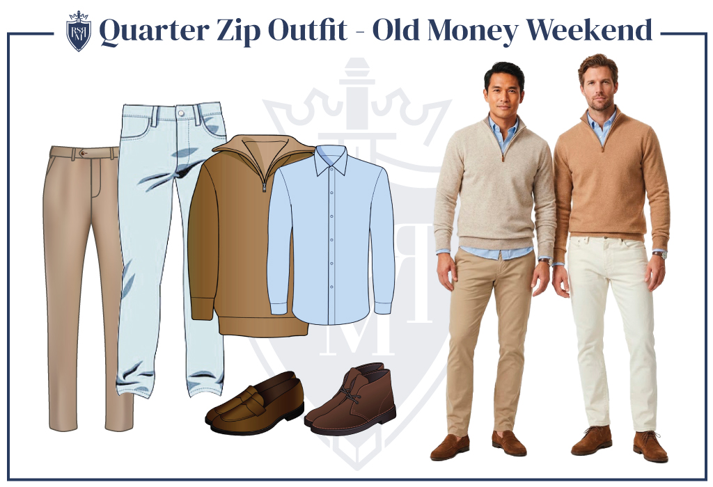 Men wearing beige and camel quarter zips layered over blue shirts for timeless weekend elegance.