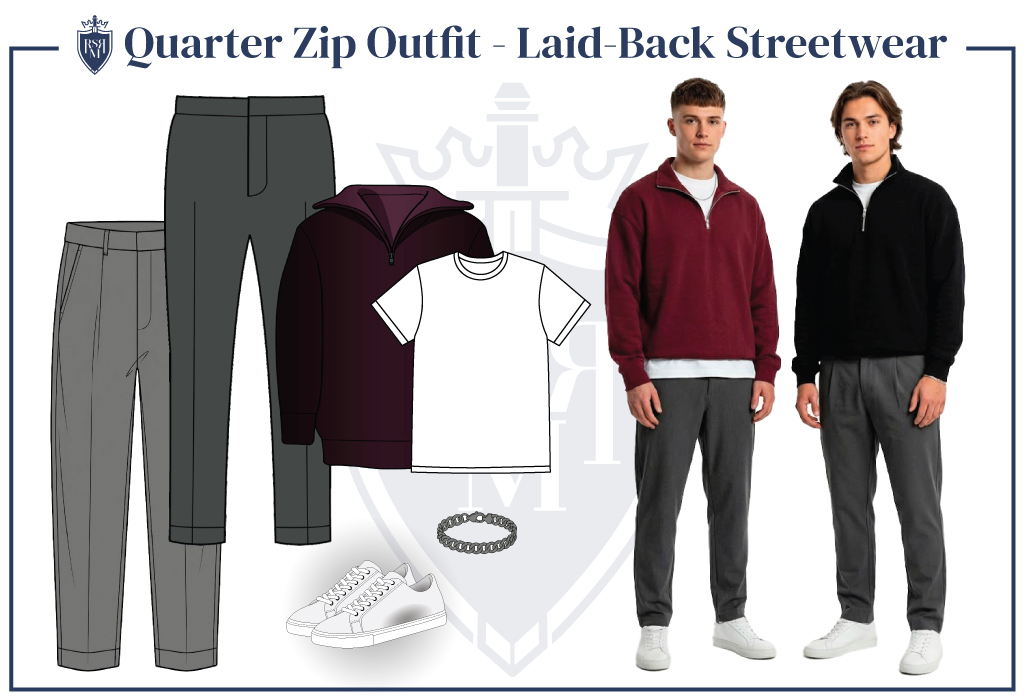 Casual quarter zip outfits paired with T-shirts, gray joggers, and white sneakers for relaxed style.