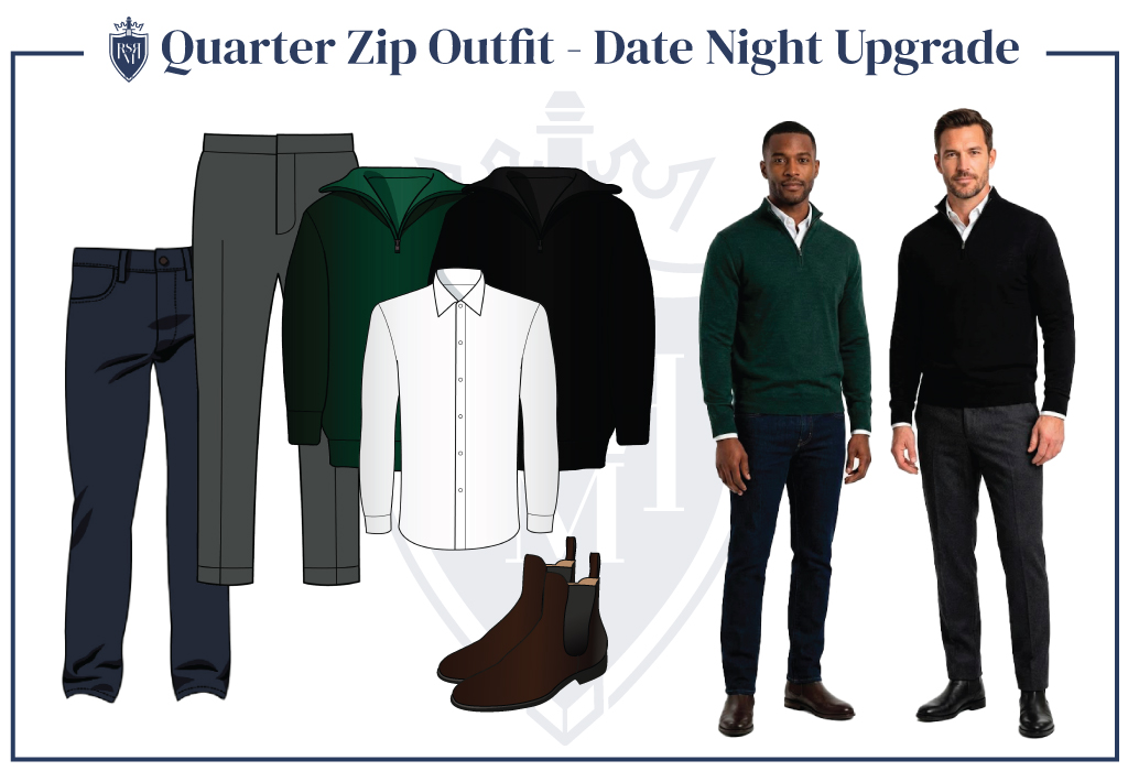 Two men in green and black quarter zips styled with shirts and Chelsea boots for date night.