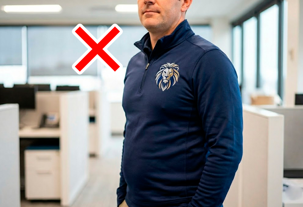 Man wearing a thin, shiny quarter-zip—an example of how not to wear a quarter-zip.