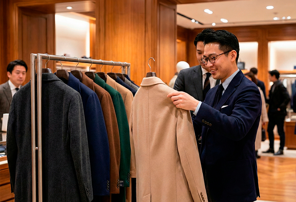 Man shopping for a quality wool overcoat inside a luxury menswear store, comparing classic styles.