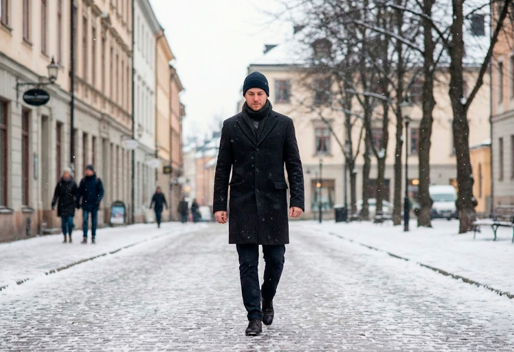 Man wearing a dark winter overcoat walking down a quiet snow-covered street.