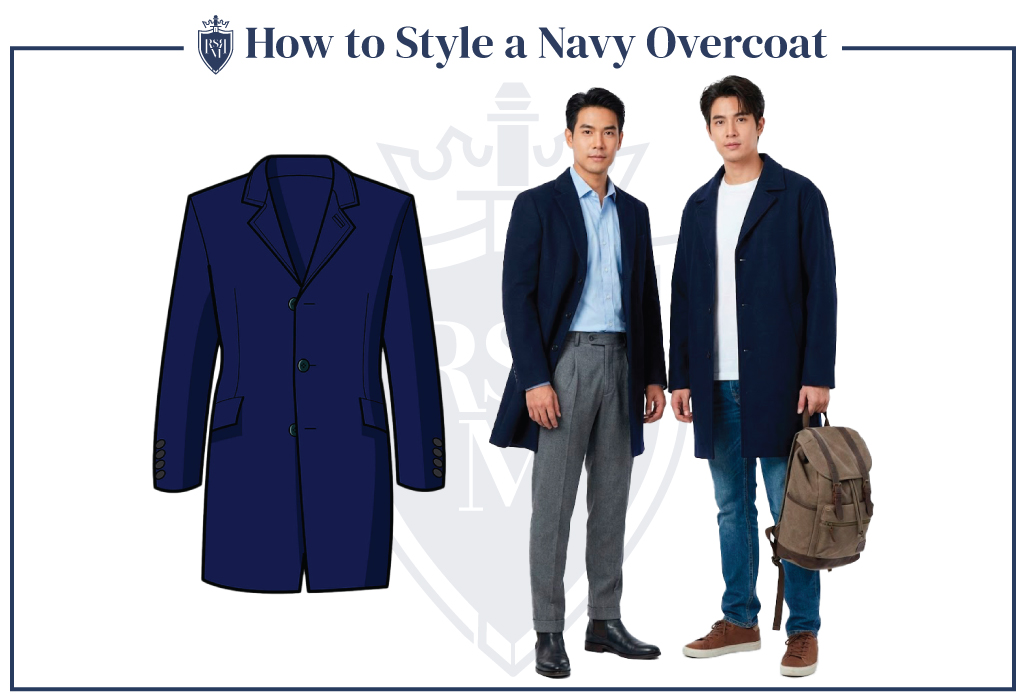 Navy overcoat styling guide with business casual and everyday winter outfit examples.